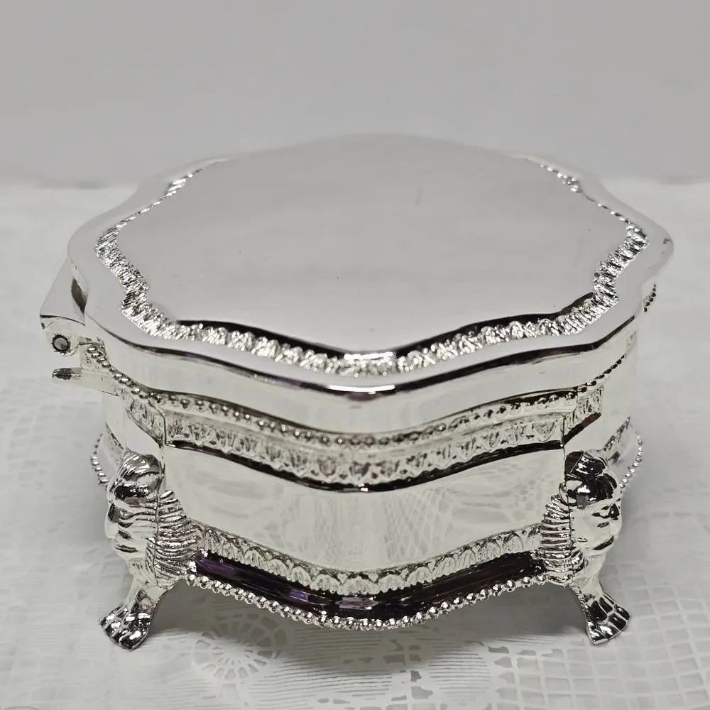 Silver Chrome Lion Heads Footed Non Tarnish Jewelry Trinket Box Victorian Style